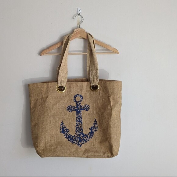 Boho Brown Jute Anchor Coastal Beach Tote Bag - Picture 1 of 7